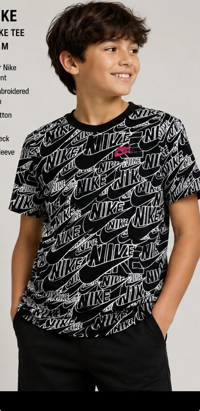 Nike The Nike Tee Youth M Black White All Over Swoosh Logo T-Shirt Pink Logo